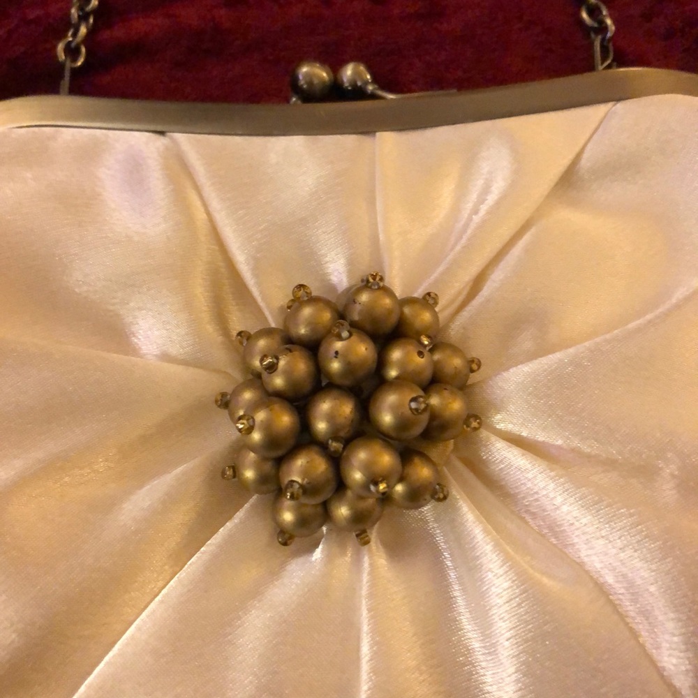 Ivory Satin Vintage Beaded Clutch with Chain Strap